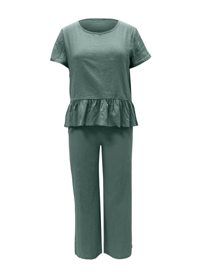 Hazel Blues® |  Peplum Round Neck Short Sleeve Top and Pants Set