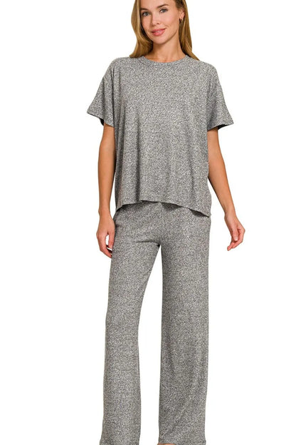 Hazel Blues® |  Zenana Soft Melange Short Sleeve Tee & Long Pants Set
