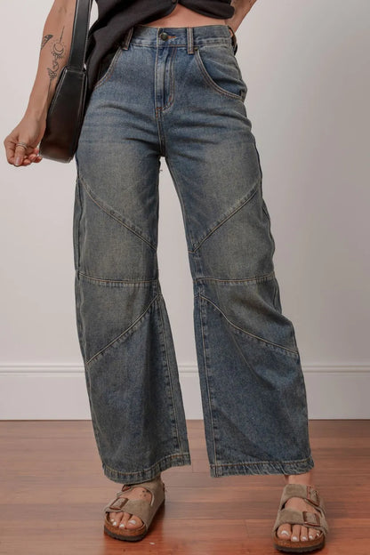 Hazel Blues® |  Exposed Stitching Loose Straight High Waist Jeans