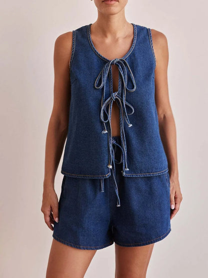 Hazel Blues® |  Tie Front Vest and Shorts Denim Set