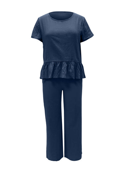 Hazel Blues® |  Peplum Round Neck Short Sleeve Top and Pants Set