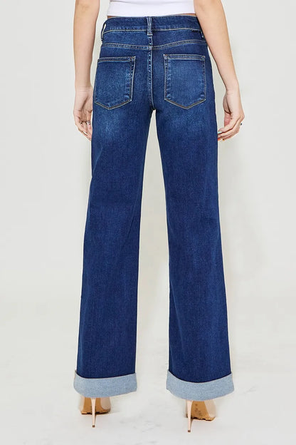 Hazel Blues® | RISEN Tummy Control High Rise Wide Leg Cuffed Jeans