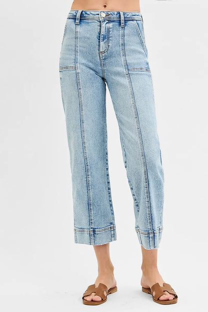 Hazel Blues® | RISEN High Rise Crop Wide Front Seam Detailed Jeans