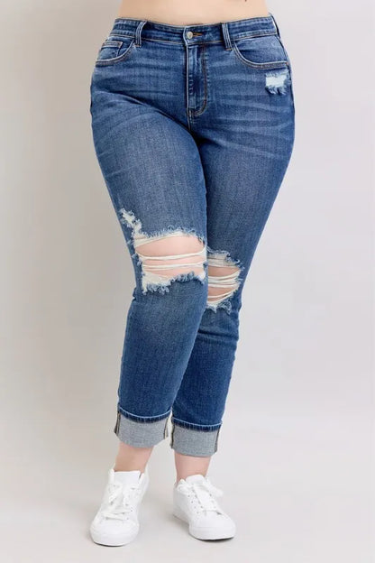 Hazel Blues® | Judy Blue Mid Rise Boyfriend destroy Jeans with Yoke Pockets and Faux Selvedge Cuff