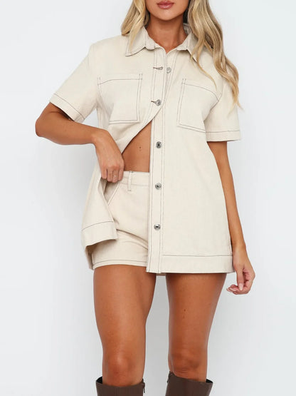 Hazel Blues® |  Button Up Short Sleeve Top and Shorts Denim Set