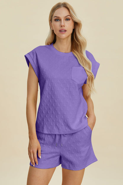 Hazel Blues® |  Double Take Pocketed Texture Round Neck Top and Shorts Set