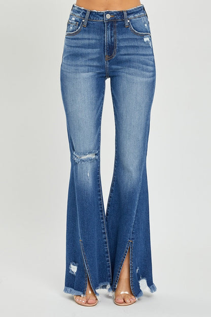 Hazel Blues® |  RISEN High Rise Front Slit Frayed Hem Flare Jeans