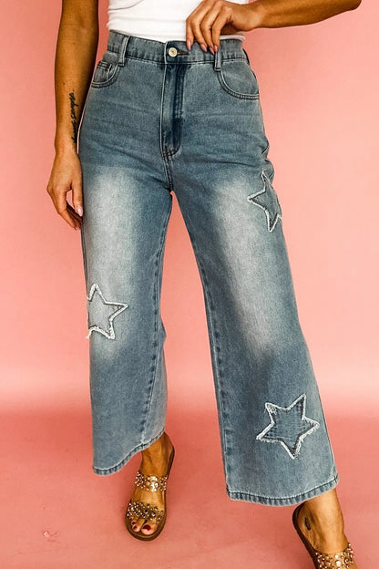 Hazel Blues® |  Star Embroidered High Waist Wide Leg Jeans