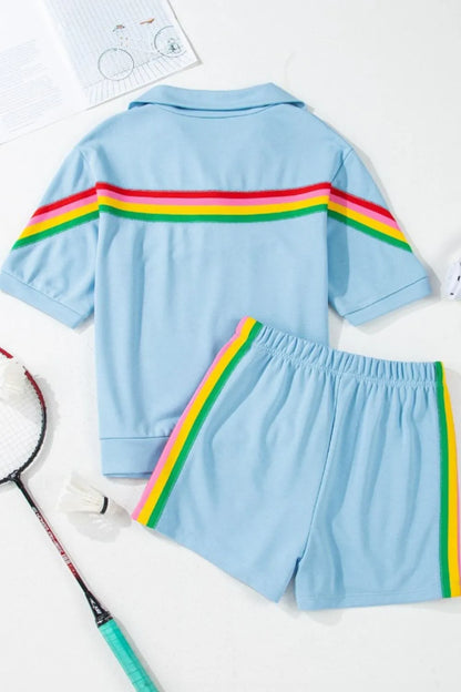 Hazel Blues® |  Rainbow Collared Short Sleeve Top and Shorts Set