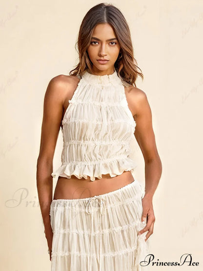 Charm Pleated Drawstring Charming Waist Tiered Maxi Skirt