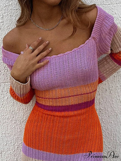 Color Block Stripe Knitted Modern Halter Maxi Dress