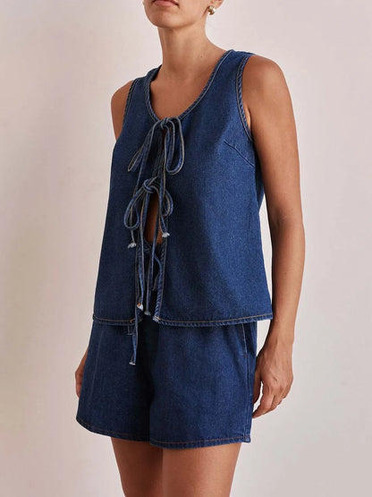 Hazel Blues® |  Tie Front Vest and Shorts Denim Set