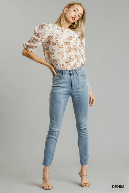 Hazel Blues® |  Umgee 5-Pockets Distressed Detail Stretch Denim Skinny Jeans with Unfinished Hem