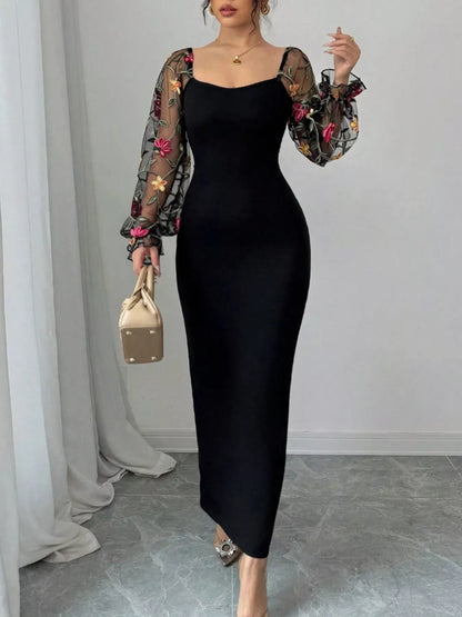 Hazel Blues® |  Sheer Floral Mesh Sleeves Bodycon Dress