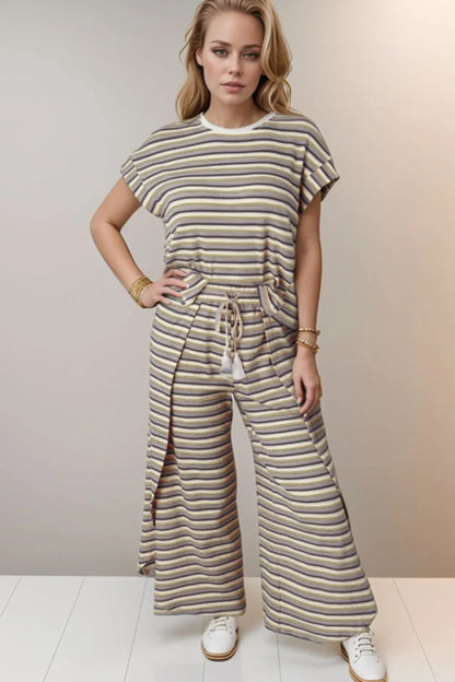 Hazel Blues® |  Striped Round Neck Short Sleeve Top and Pants Set
