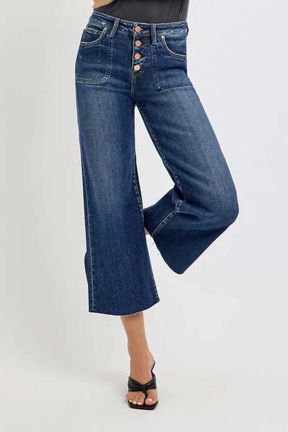 Hazel Blues® | RISEN High Rise Crop Wide Button Up Jeans