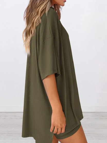 Hazel Blues® | Oversized Slit Round Neck Top and Shorts Lounge Set