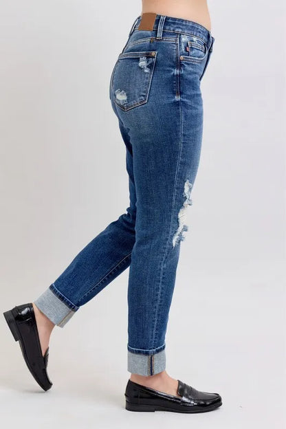 Hazel Blues® | Judy Blue Mid Rise Boyfriend destroy Jeans with Yoke Pockets and Faux Selvedge Cuff