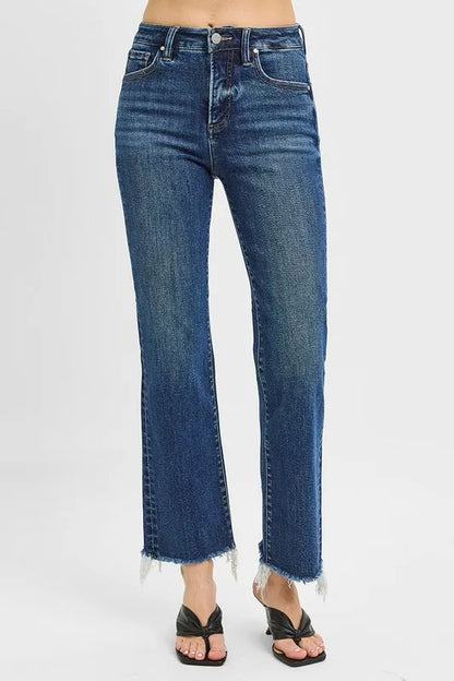 Hazel Blues® |  RISEN Tummy Control High Rise Crop Straight Raw Cut Hem Jeans