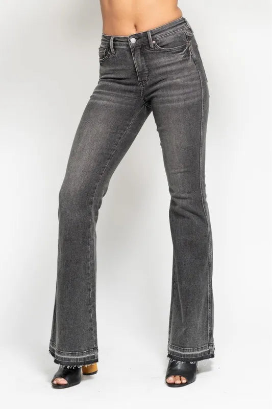 Hazel Blues® | Judy Blue Mid Rise Tummy Control Washed Gray Release Hem Flare Jeans