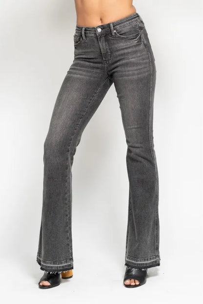 Hazel Blues® | Judy Blue Mid Rise Tummy Control Washed Gray Release Hem Flare Jeans