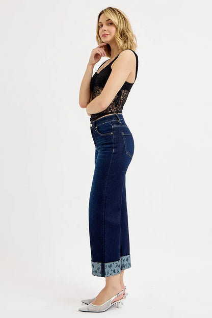 Hazel Blues® | RISEN Mid Rise Fit Crop Wide With Printed Cuff Jeans