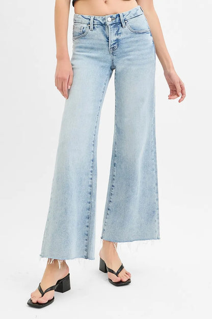 Hazel Blues® | RISEN Tummy Control Low Rise Wide Leg Raw Cut Hem Jeans