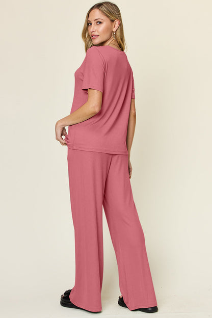 Hazel Blues® |  Double Take Round Neck Short Sleeve T-Shirt and Wide Leg Pants Set
