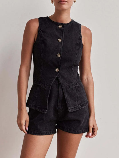 Hazel Blues® |  Button Down Vest and Shorts Denim Set