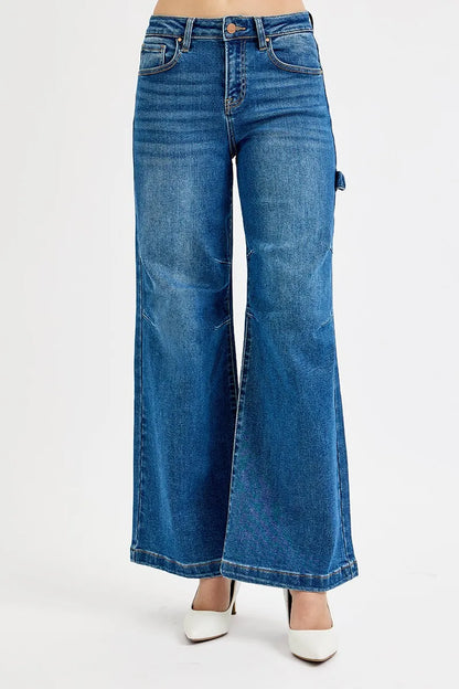 Hazel Blues® | RISEN High Rise Wide Leg Patch Detailed Jeans