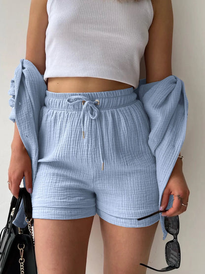 Hazel Blues® |  Textured Button Up Shirt and Shorts Set