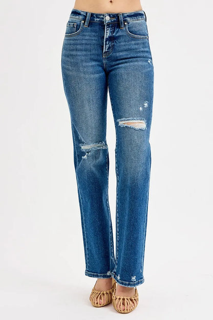 Hazel Blues® | RISEN Tummy Control High Rise Straight Distressed Jeans