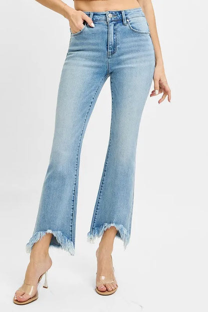 Hazel Blues® |  RISEN High Rise Crop Bootcut Fray Hem Jeans