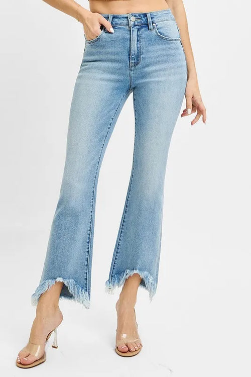 Hazel Blues® |  RISEN High Rise Crop Bootcut Fray Hem Jeans