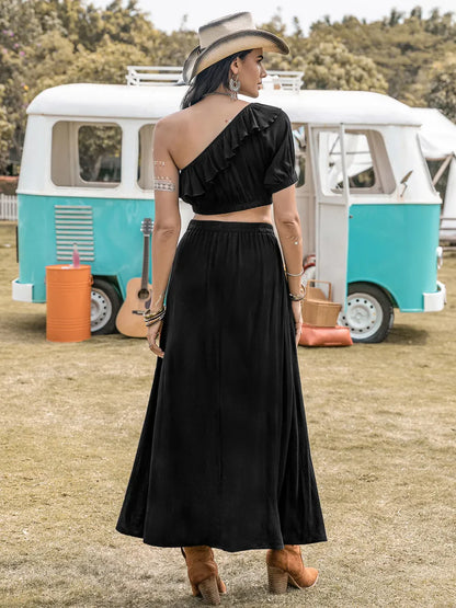 Hazel Blues® |  Ruffled Single Shoulder Top and Slit Skirt Set