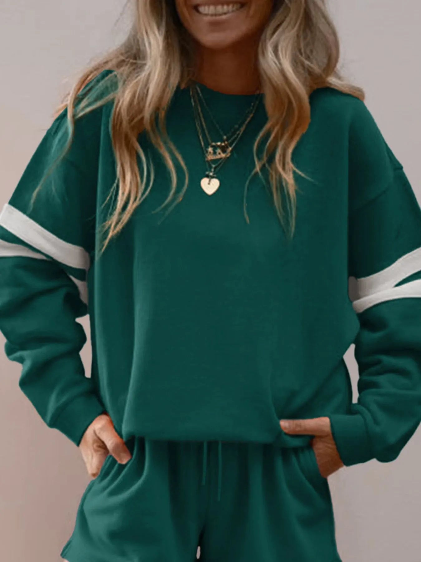 Hazel Blues® |  Stripe Round Neck Sweatshirt and Shorts Set