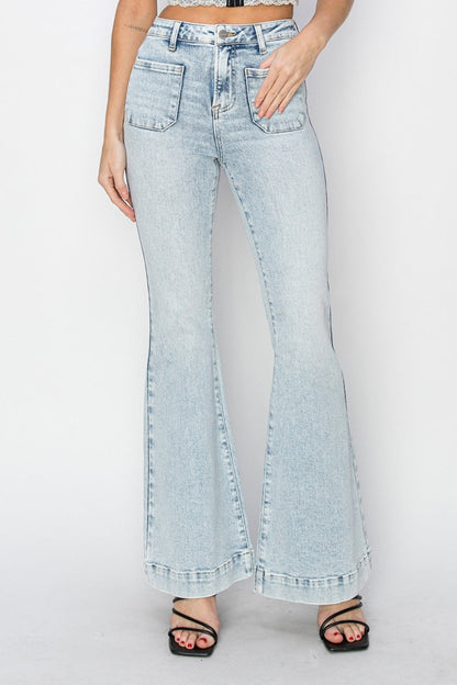 Hazel Blues® |  Risen High Rise Front Patch Pocket Flare Jeans