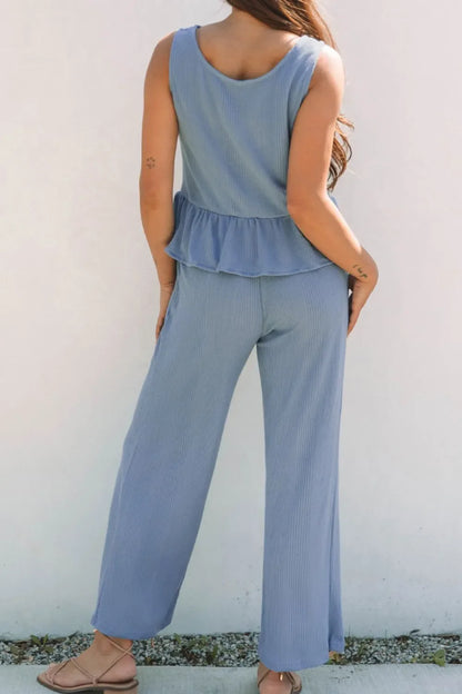 Hazel Blues® |  Color Ribbed Ruffle Tank Top and Pants Set