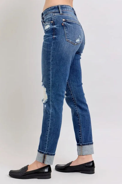 Hazel Blues® | Judy Blue Mid Rise Boyfriend destroy Jeans with Yoke Pockets and Faux Selvedge Cuff
