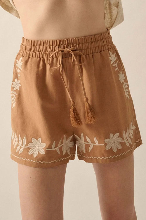 Hazel Blues® |  Embroidered Boho Tasseled Drawstring Elastic Waist Casual Shorts