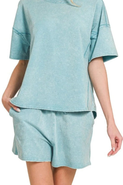 Hazel Blues® |  Zenana Acid Washed Short Sleeve Tee & Shorts Set