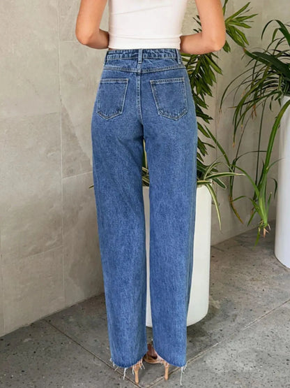 Hazel Blues® |  Pearl Embellished High Waist Straight Leg Jeans