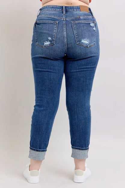 Hazel Blues® | Judy Blue Mid Rise Boyfriend destroy Jeans with Yoke Pockets and Faux Selvedge Cuff