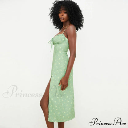 Daisy Printed Puff Sleeve High Classic Slit Smock Maxi Sundress - White