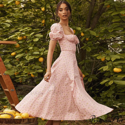 Daisy Printed Puff Sleeve High Slit Sophisticated Smock Maxi Sundress - Light Blue