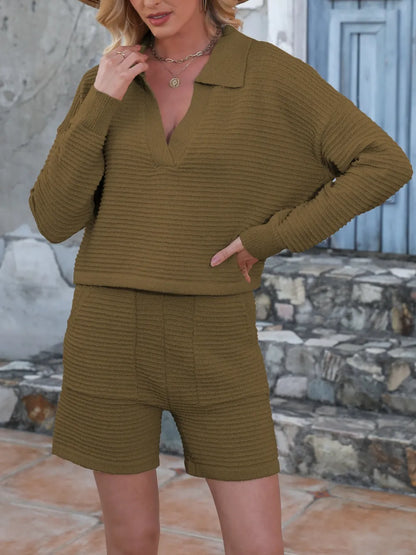 Hazel Blues® |  Johnny Collar Long Sleeve Top and Shorts Sweater Set