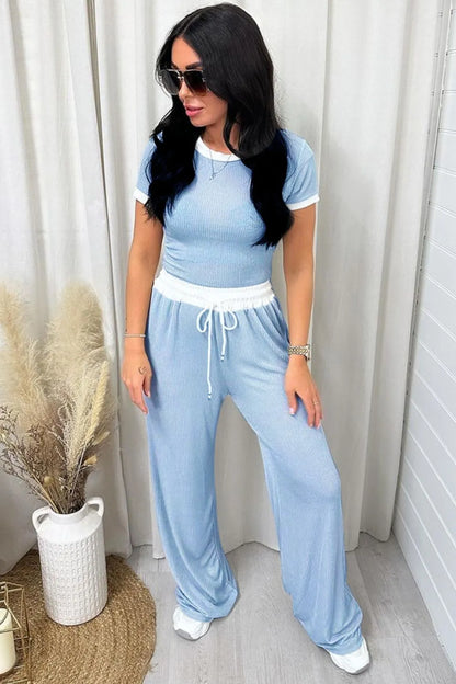 Hazel Blues® |  Contrast Trim Round Neck Top and Pants Set