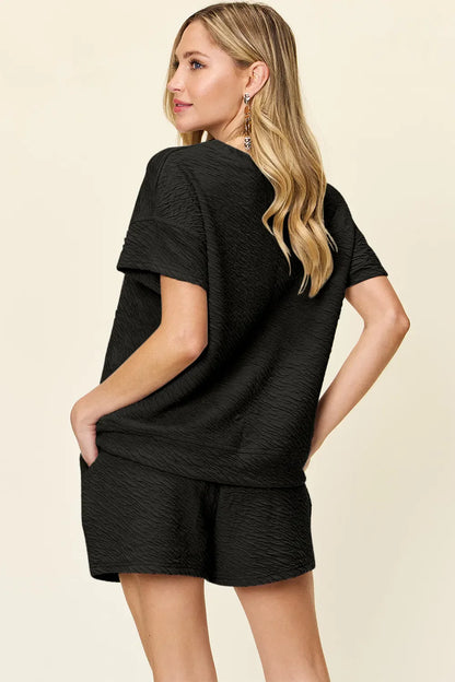 Hazel Blues® |  Double Take Texture Short Sleeve T-Shirt and Drawstring Shorts Set