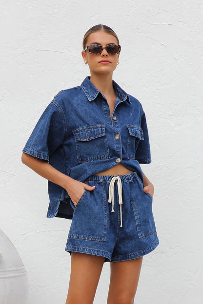 Hazel Blues® |  Collared Neck Button Up Top and Shorts Denim Set