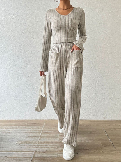 Hazel Blues® |  Ribbed V-Neck Long Sleeve Top and Pocketed Pants Set